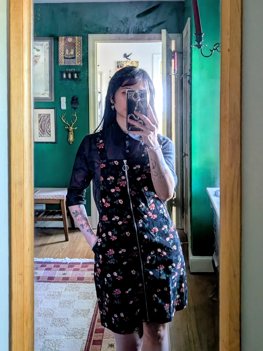 Floral Zip-Front Black Pinafore Dress/Overall